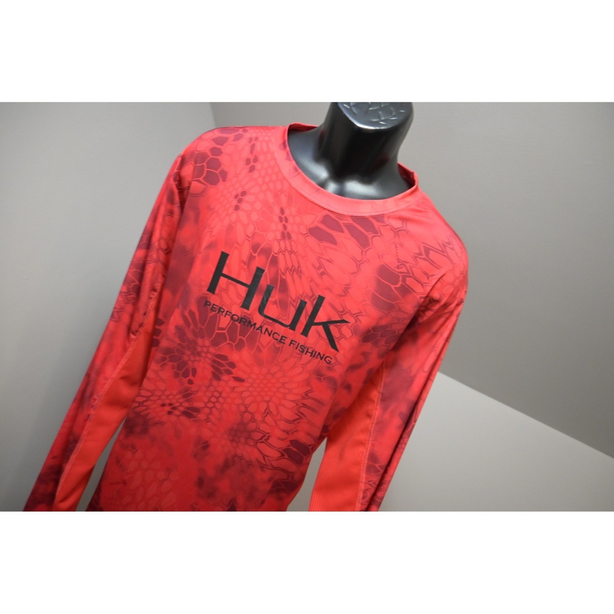 Huk Performance UV Fishing Shirt Mens Large Red Kryptek Camo Long