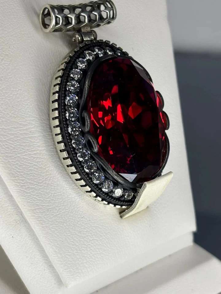 Handmade Sterling Silver Ruby Pendant Necklace: Moissanite Halo, Vintage Style - Image 2 of 4