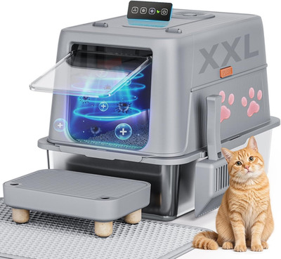 XXL Stainless Steel Cat Litter Box with Lid & Smart Odor Control, Pinky Paws