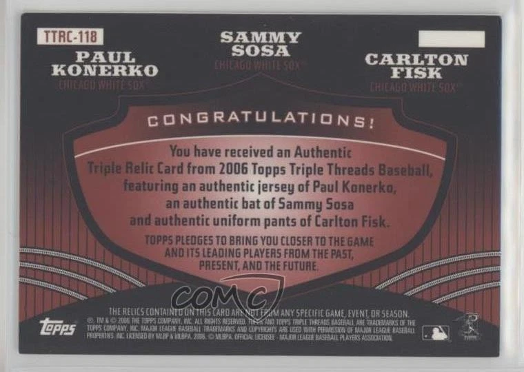 2006 Triple Threads Relic Combos /18 Paul Konerko Sammy Sosa Carlton Fisk HOF - Image 2 of 2