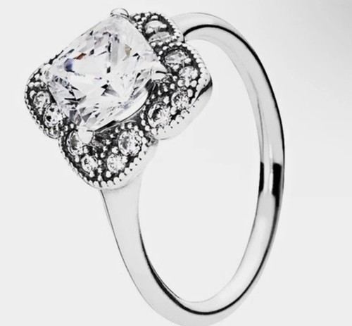 PANDORA Crystallized Floral Fancy Halo CZ Cocktail Ring 925 Silver Size 52