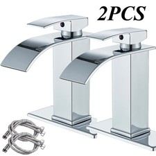 2PCs Chrome Bathroom Faucet Waterfall Single Handle Lavatory Vanity Mixer Tap