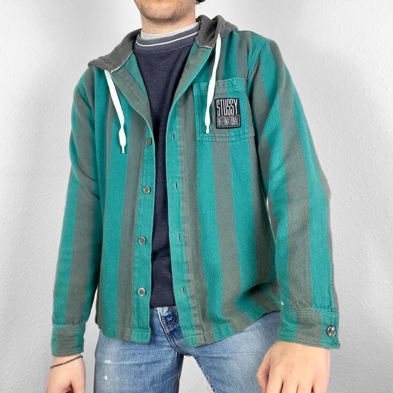 Vintage Stüssy Striped Hoodie Shirt Button Sweatshirt Overshirt Shacket Knit 90s