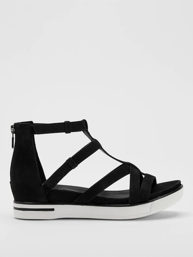 EILEEN FISHER Sola Tumbled Nubuck Platform Wedge Sandal Black Strappy Size 11