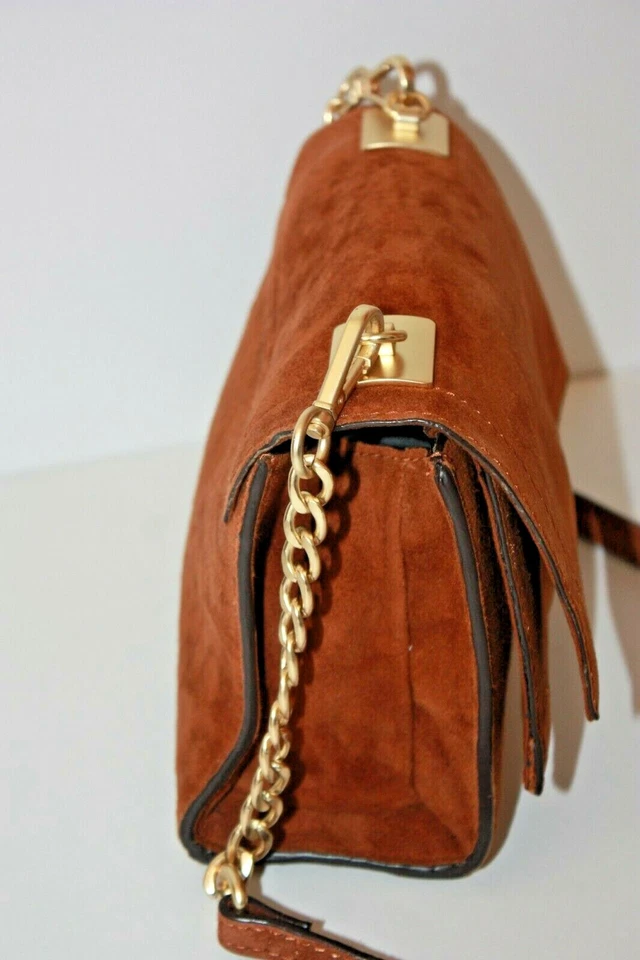 ZARA WOMAN Sac Pochette Daim Marron Chaînette Métal Poches Doubles TTBE - Photo 1/4