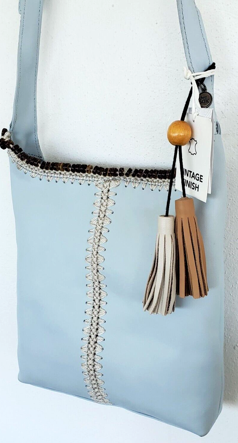 The Sak Huntley Artisanal Leather Soft Blue Crochet Trim Crossbody Bag