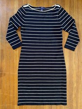 Chaps Size Small Striped Black Gold Long  Sleeve Stretch Dress EUC #F