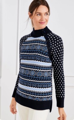T By Talbots Fair Isle Thermolite Snap Button Mockneck Knit Sweater Blue Iris 3X