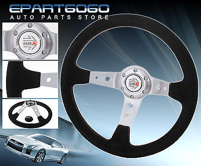 350mm Suede Black Leather Chrome Center Red Stitching Steering Wheel Jdm Button