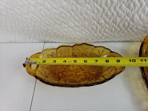 2 Vtg Embossed Amber Glass Sunflower Flower Oval Relish Dish Plates Candy Bowls - Picture 5 of 9