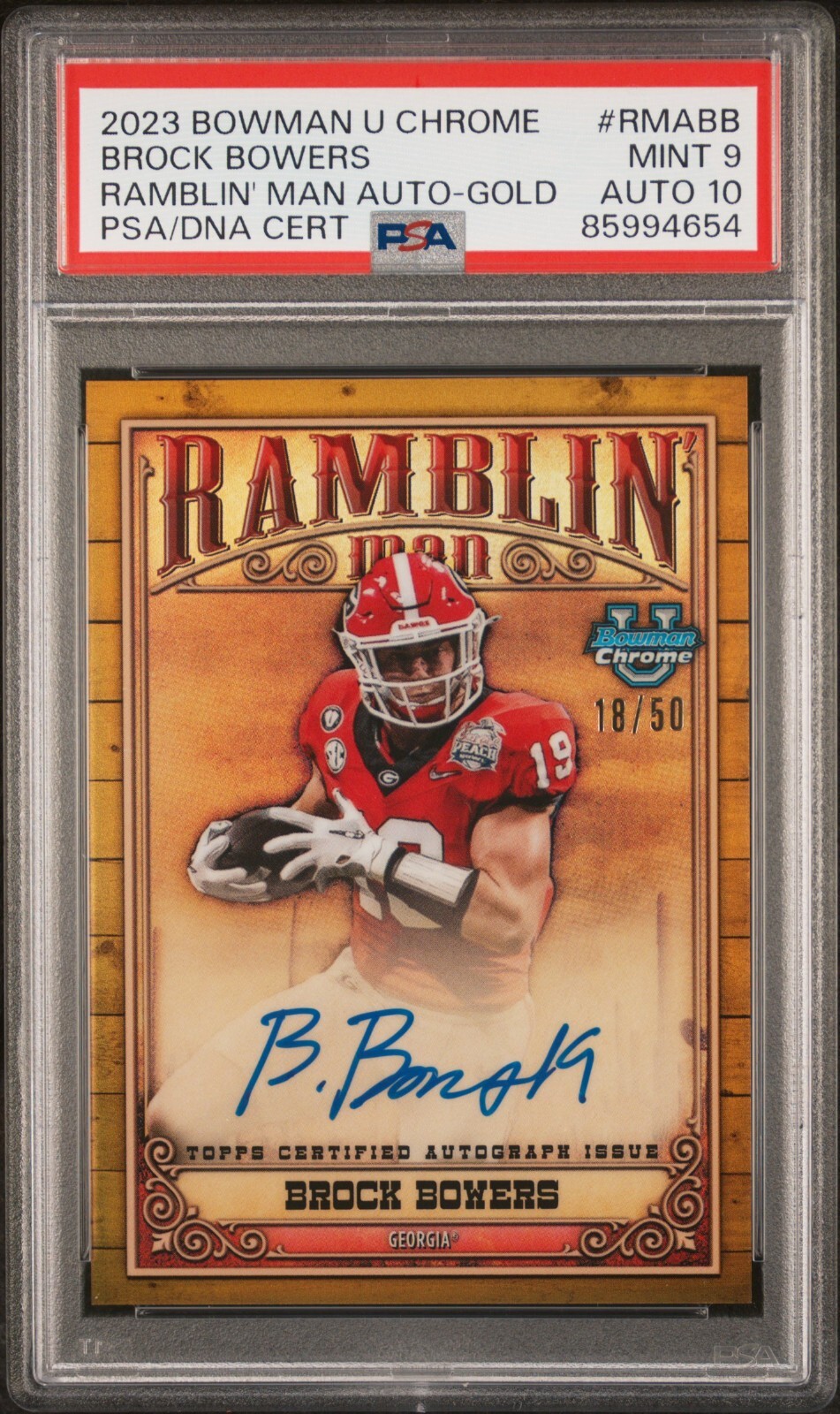 Brock Bowers Georgia 2023 Bowman U Chrome Ramblin Man Gold Auto 18/50 PSA 9/10 