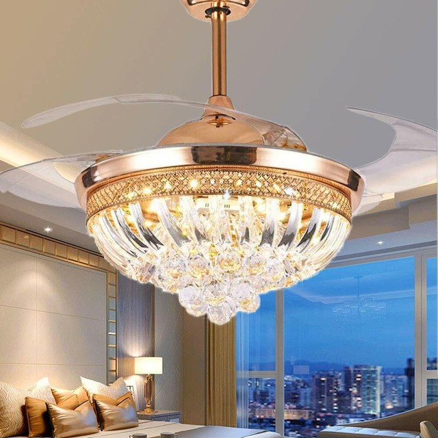 42 Crystal Ceiling Fan W Led Light Retractable Blades Chandelier Remote