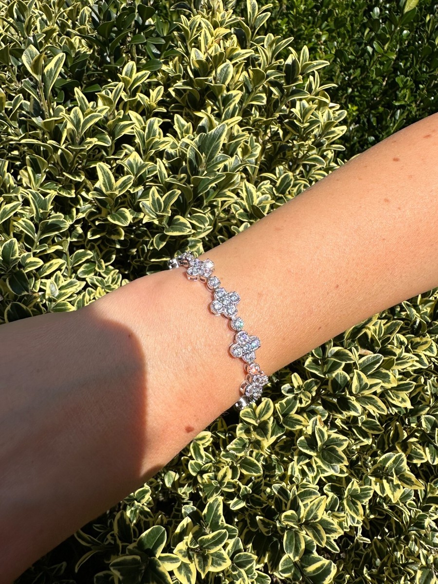 ◆HYERES LOR◆ Essence Silver (W) Moissanite Flower Bracelet Moissanite Real 925 Silver 10mm Iced Clover Flower Tennis