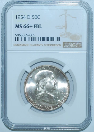 1954 D NGC MS66+FBL Full Bell Lines Franklin Half Dollar