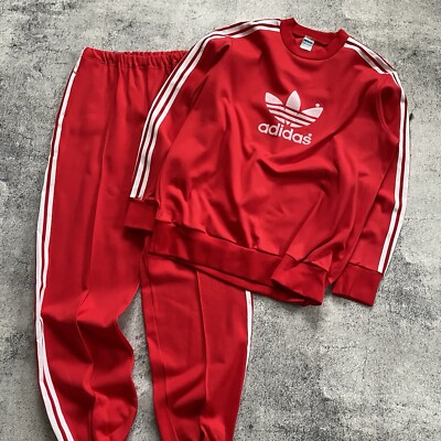 Vintage 70s Adidas Track Suit Red White Stripes Jacket Pants Size