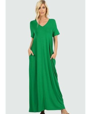 Keeping It Comfy Short Sleeve V-Neck Neck Maxi T-Shirt Dress in Kelly Green  | eBay