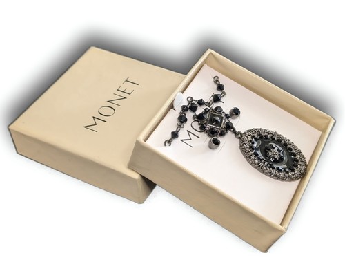 Monet Statement Necklace & Earrings Black & Silver Vintage Matching Set In Box - Picture 3 of 4
