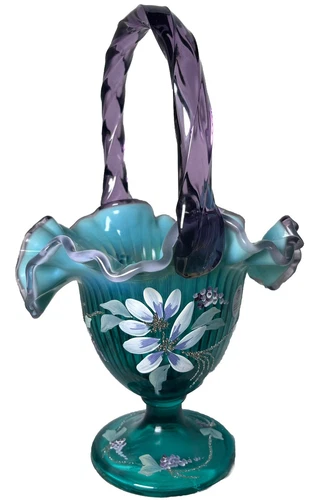 Fenton Opalescent Glass Signed New Century Collection Dragonfly Floral Basket
