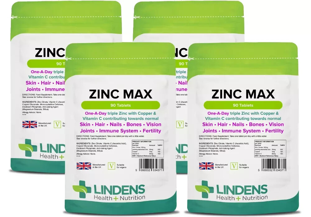 Zinc Max 360 Tablets (4x90) Triple Strength Zinc with Copper & Vitamin C Lindens - Image 2
