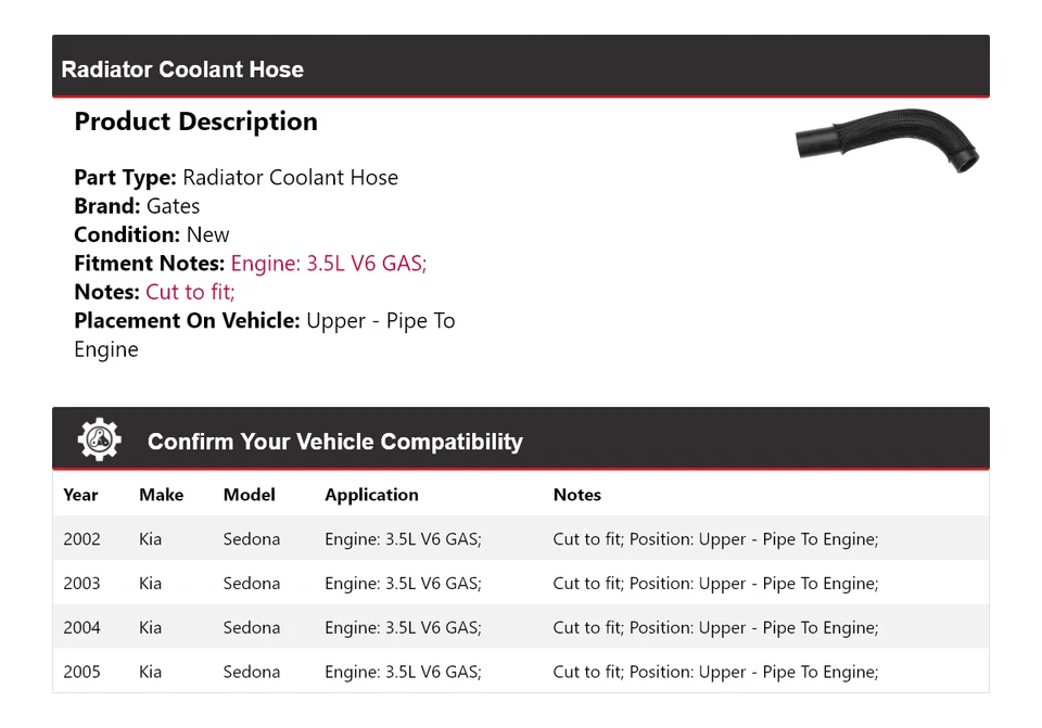 Manguera de refrigerante de radiador superior para Kia Sedona 2002-2005 - tubo a puertas del motor 2003 Foto 2 de 4