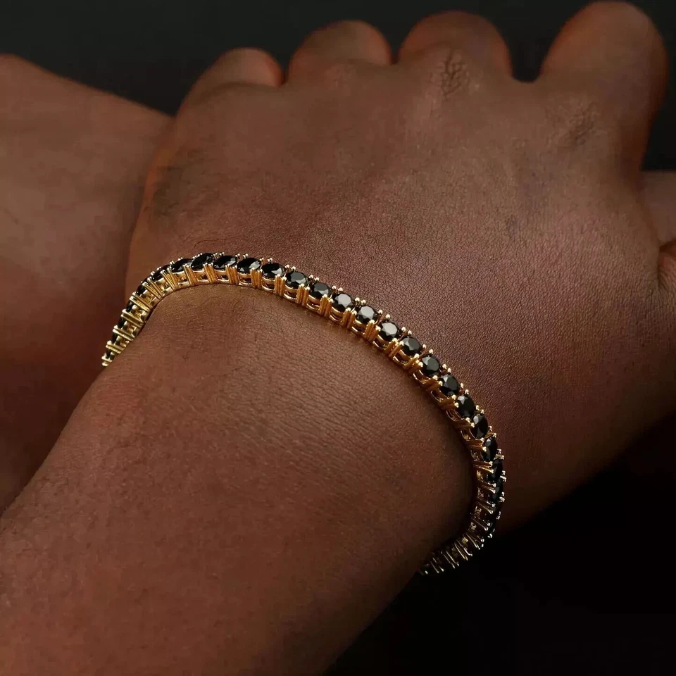 10K Gold 3MM Round Lab Created Black Diamond Luxury Men's Tennis Bracelet 7" - Image 3 of 4