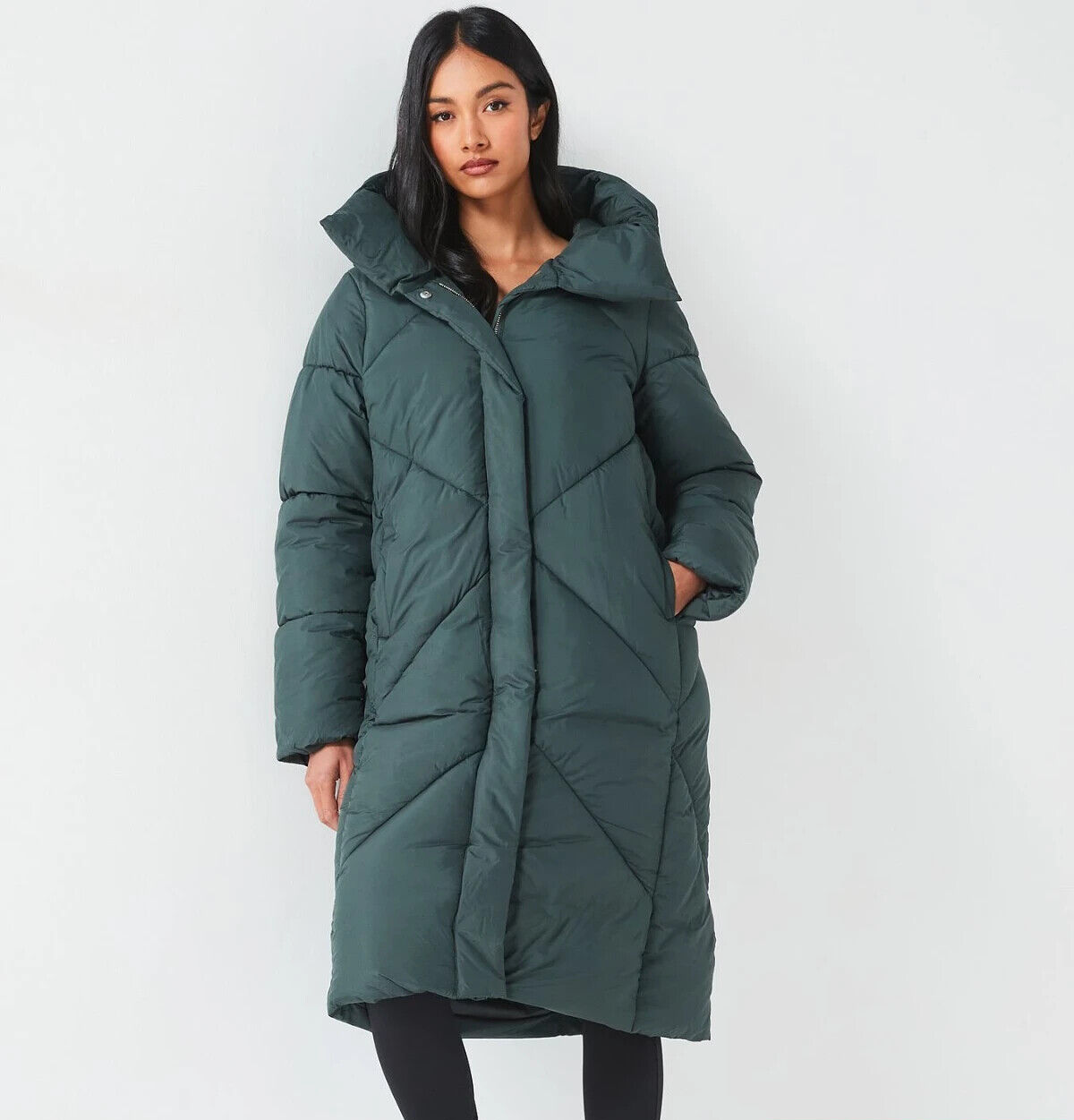 V By Very Longline Water Resistant Puffer Jacket Coat in Green Size UK 12