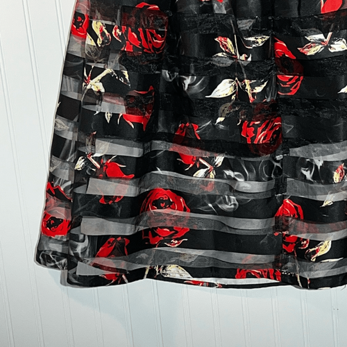 Jasmine Mesh Overlay Pleated Skirt Womens XLarge Black Red Rose Sheer Mini Lined - Picture 8 of 12