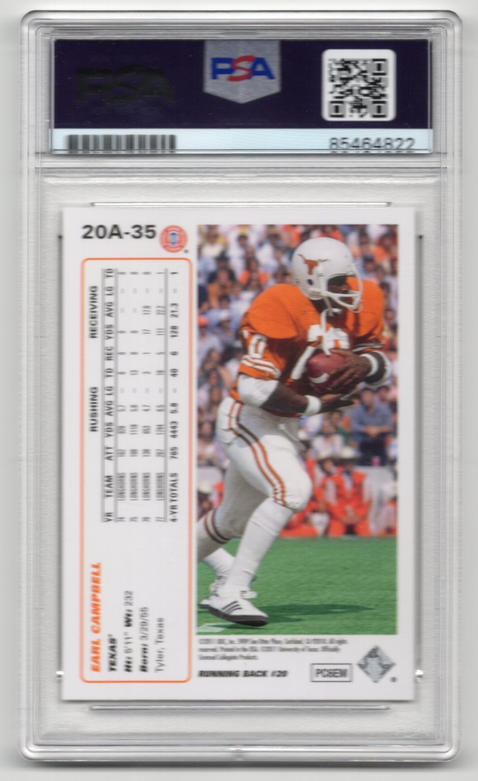 2011 Upper Deck EARL CAMPBELL PSA AUTH AUTOGRAPH #20A-35 Texas Longhorns view 2