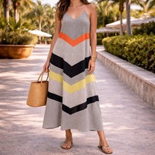 Old Navy Retro Chevron Maxi Dress Women L Black Sleeveless Boho Festival Beach