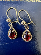 Vintage 9K Gold Garnet Drop Earrings Pear Cut Romantic Red Dangle Earrings