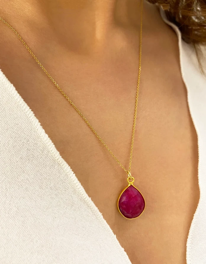 Real Teardrop Red Ruby Necklace Gold Filled Birthstone Ruby Jewelry In Silver - Image 4 of 4