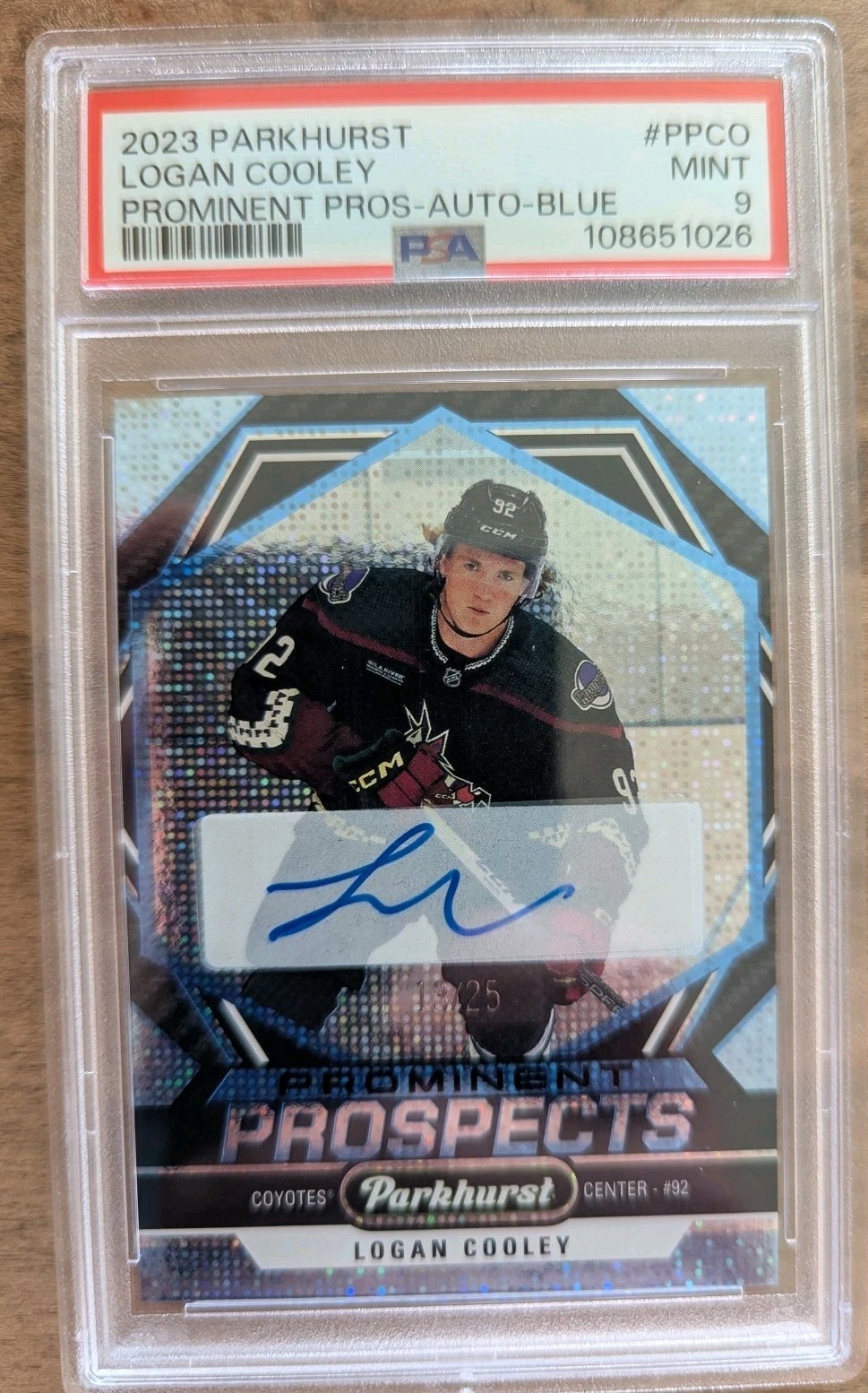 Logan Cooley Arizona Coyotes 2023 Parkhurst Prominent Prospects Auto Blue 13/25 PPCO PSA 9 