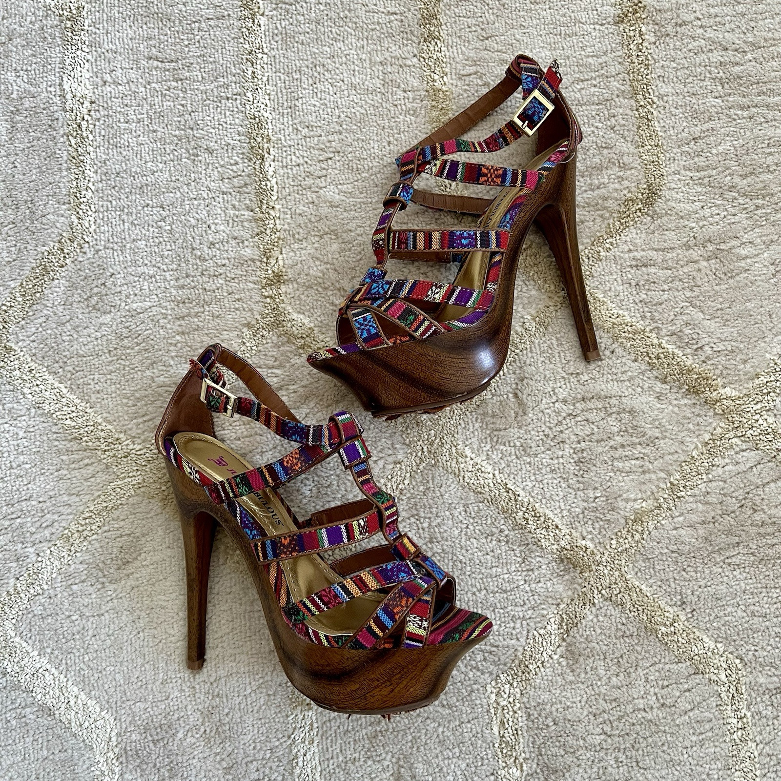 APL Sandali tribali colorati tacco legno Just Fab multicolore taglia 8