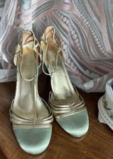 Oasis 1930s Art Deco look Green Satin Gold Leather Mary Jane Heel Shoes 6 unworn