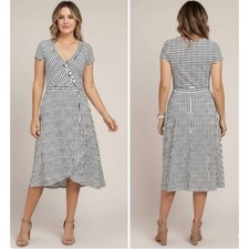 Anthropologie Maeve Paladino Black White Stripe Faux Wrap Textured Midi Dress XS