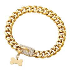 New Gold Dog Chain Collar, 19MM Stainless Steel Cuban Link with Bling Zircon Buc