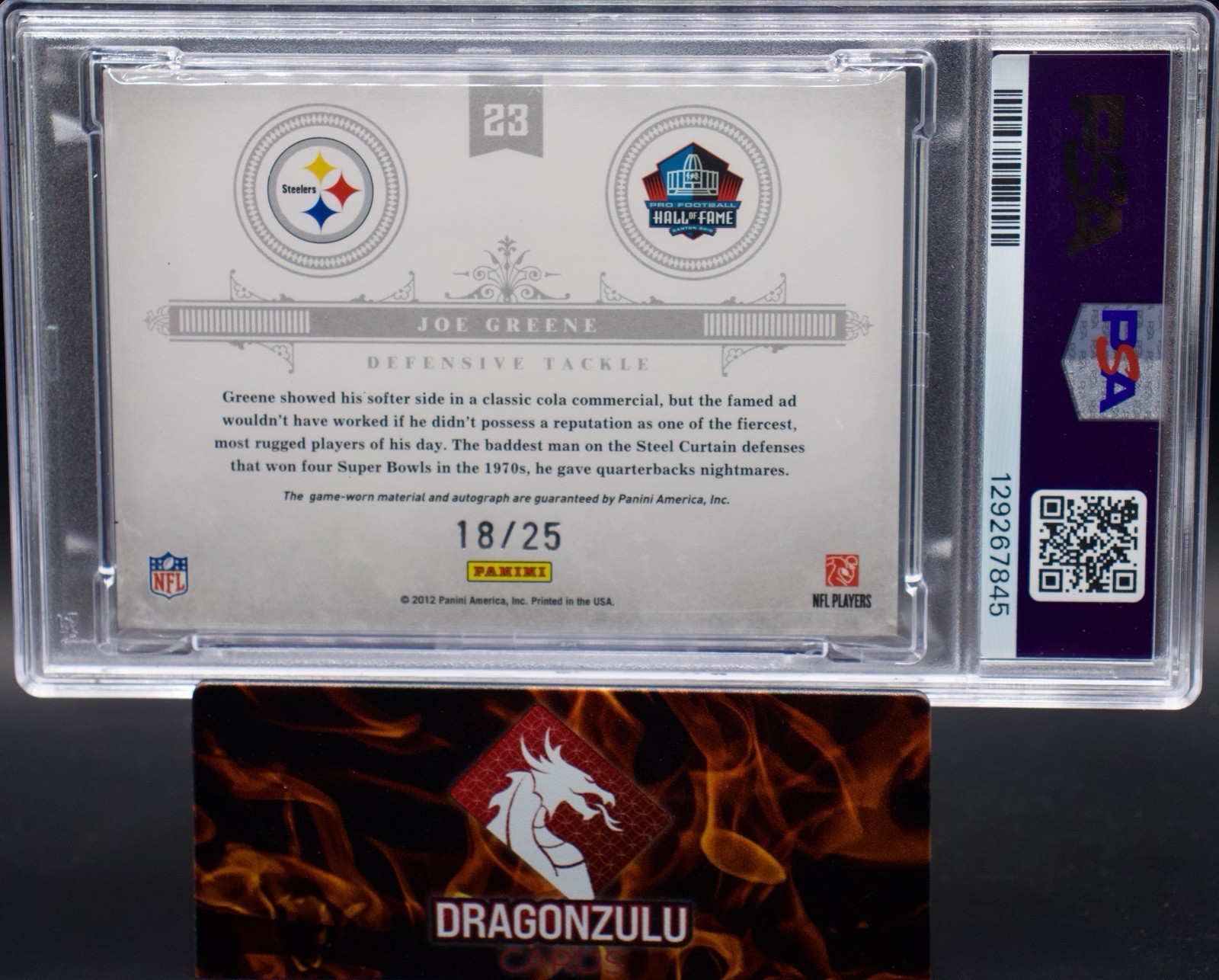 2011 National Treasures Joe Greene Emblems The Hall Patch Auto /25 PSA 10 Pop 1 view 2