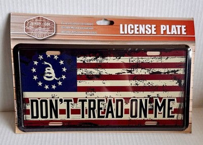 U.S. Flag Theme DONT T TREAD ON ME Red, Blue & TAN Metal License Plate
