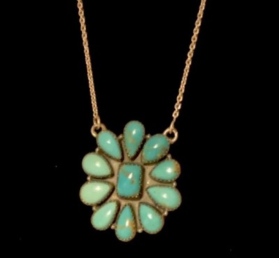 Turquoise Cluster Floral Native American Handmade S Silver Pendant Necklace 18 