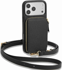 Black Pebbled Crossbody Phone Case w/ Card Pocket, Strap Included