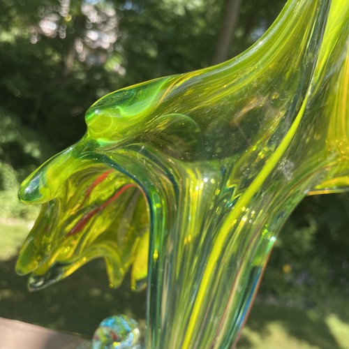 VTG Large 13.75”Hand Blown Art Glass Lily Shaped Vase in Yellow & Blue MURANO ? - Picture 9 of 13