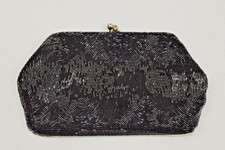 Vintage Clutch Purse 60s MCM Black Beaded Jeweled Metal Clasp 5X8In Made Japan