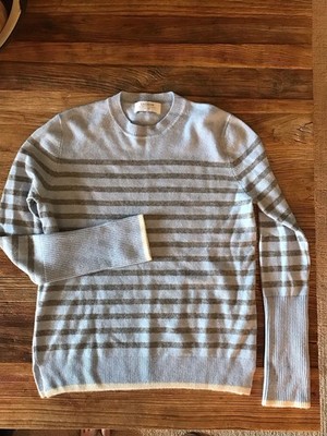 La Ligne 100% Cashmere Women's Crewneck Striped Sweater light blue/ Gray/White  