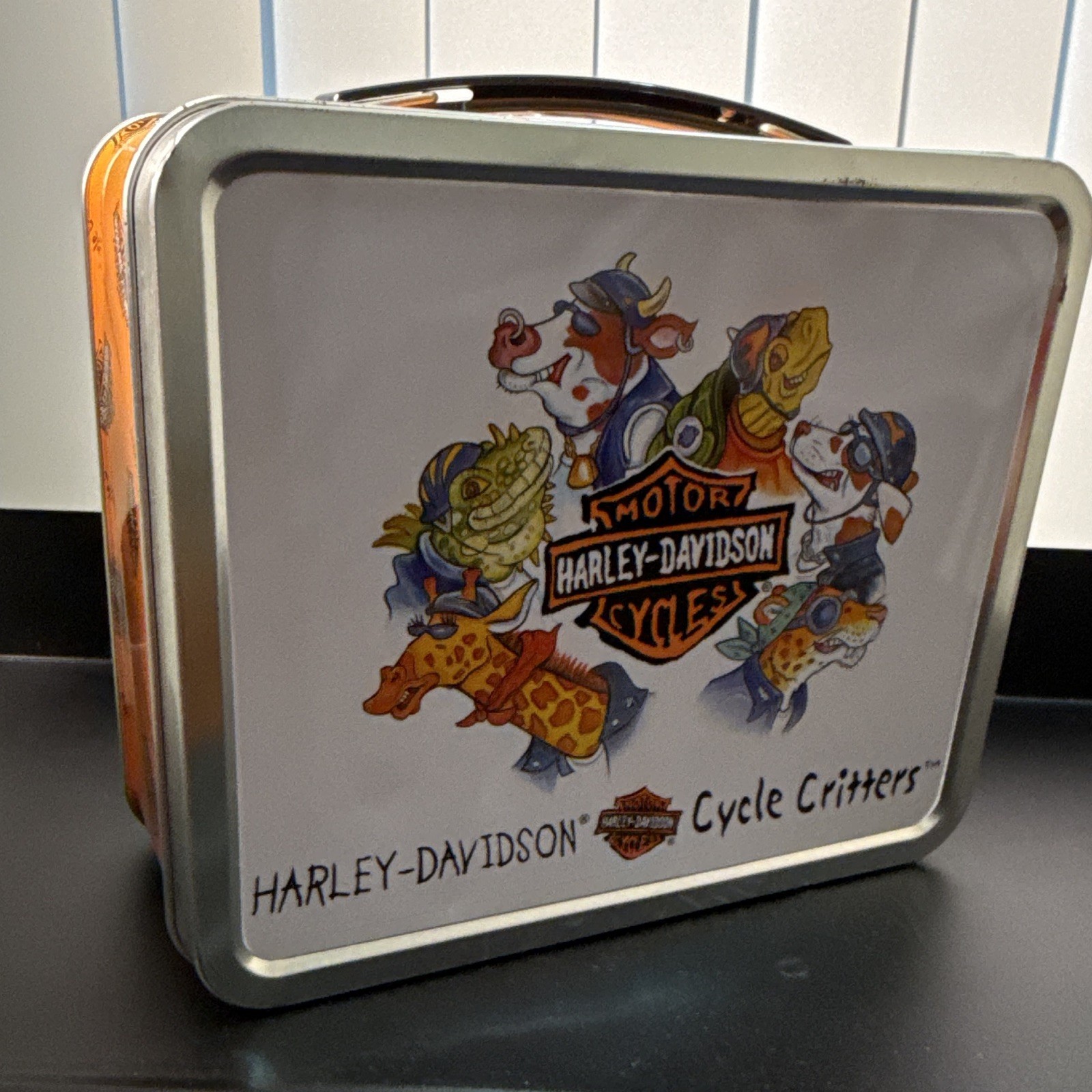 Harley-Davidson Cycle Critters Metal Lunch Box Tin Orange Handle Graphic Print image 4
