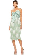 Mac Duggal Sage Green Bow Front Strapless Fringe Midi Dress Size 12 $498