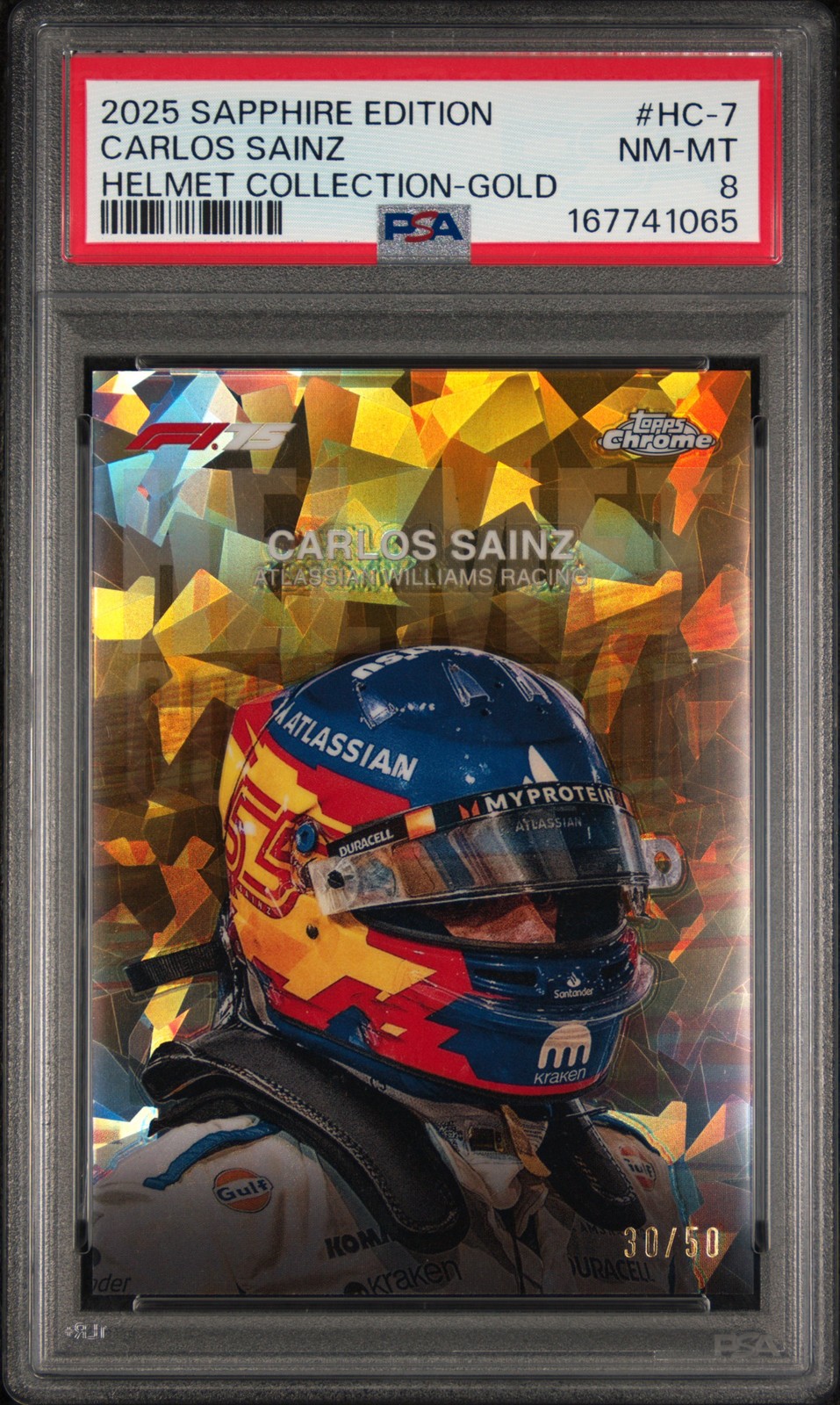 2025 TOPPS CHROME FORMULA 1 HELMET COLLECTION GOLD CARLOS SAINZ 30/50 PSA 8