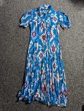 Monsoon Midi Dress Small Blue Aztec Ikat Print Artisan Boho Pleated Hem