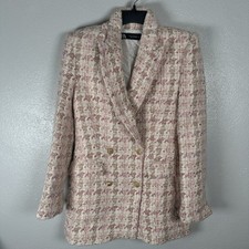 Zara Double Breasted Textured Tweed Blazer Jacket Womens Sz XS Pink Gold Button