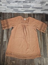 Umgee Boho Square Neck Lace Trim Dress S Pale Orange/Tan