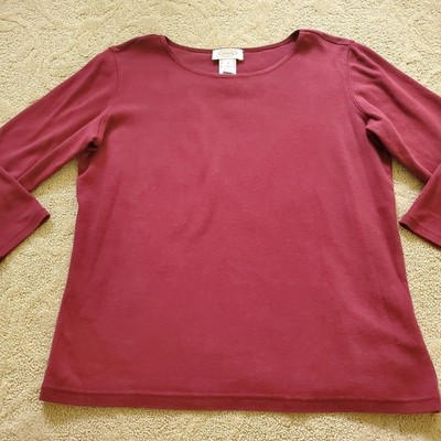 Talbots Small Cotton Round Neck Three Quarter Sleeve Top Shirt Burgundy